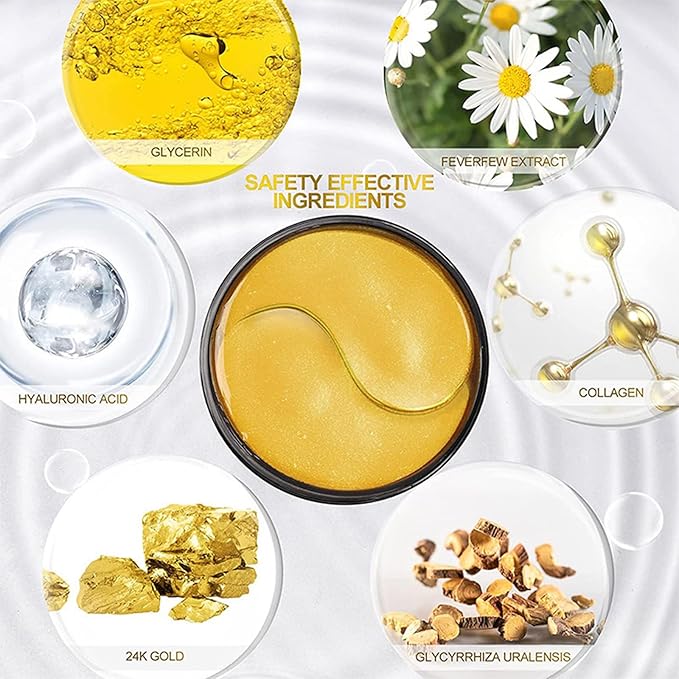 Under Eye Patches, 24K Gold Collagen Eye Mask for Puffy Eyes and Dark Circles Treatment, Under Eye Mask for Bags and Wrinkles, Eye Skin Care Pads for Beauty & Personal Care (60Pcs)