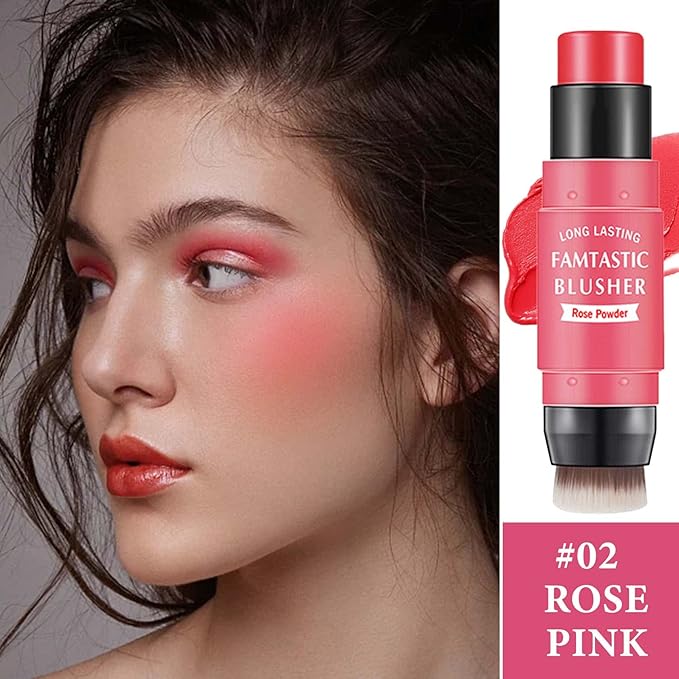 Cream Blush Stick,Blush Stick for Cheeks with Contour Brush,3-in-1 Long Lasting Waterproof Blush&Eye Shadow&Lip Gloss for All Skin Types（02 Rose Pink）