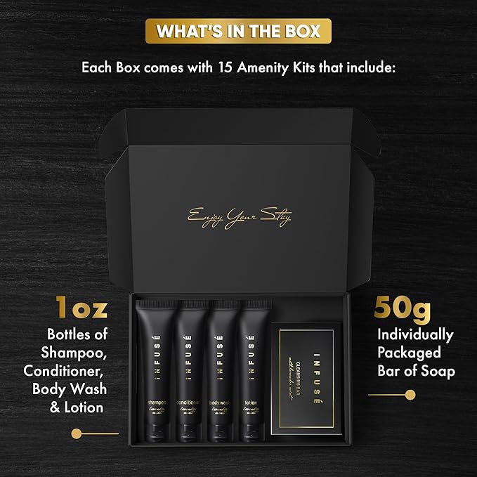 Infuse Black Amenity Kit | Boxed Hotel Toiletries | Bulk Set 1 oz Travel Size Shampoo, Conditioner, Lotion, Body Wash & Cleansing Bar for Guest Hospitality AirBnB/Vacation Rentals | 75 Pieces