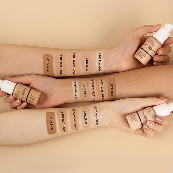 PHOERA Foundation Makeup Naturally Liquid Foundation Full Coverage Mattle Oil-Control Concealer 8 Colors Optional,Great Choice For Gift (2pcs,#104 Buff Beige)