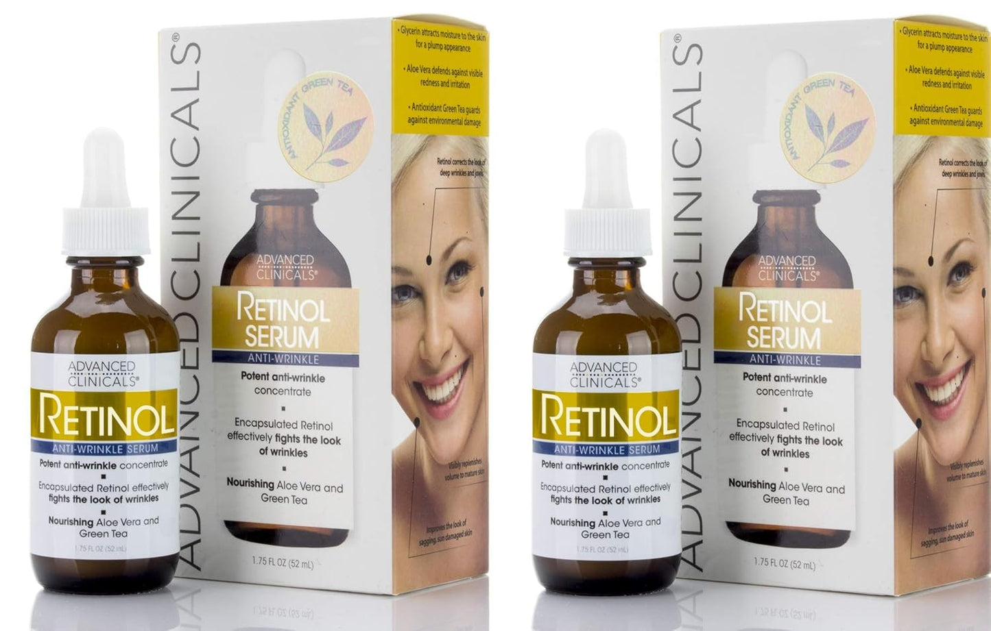 Advanced Clinicals Retinol Facial Serum Moisturizer Skin Care For Face, Anti Aging Retinol Concentrate Reduces Appearance Of Wrinkles & Fine Lines W/Aloe Vera & Green Tea, 1.75 Fl Oz (Pack of 2)