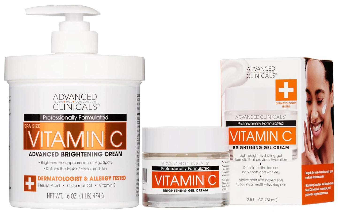 Advanced Clinicals Brightening Vitamin C Body Cream + Potent Vitamin C Face Moisturizer Gel Cream 2pc Skincare Set For Women & Men To Diminish Appearance Of Dark Spots, Wrinkles, & Dry Skin, 2pc Set