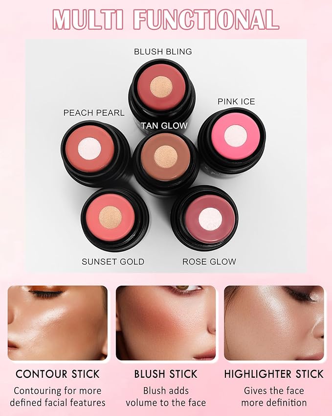Cream Blush Stick Makeup for Cheeks, Multi Blush & Highlighter Contour Stick, Long Lasting Waterproof Creme Blush Bronzer Stick, Lightweight Matte and Dewy Finish, Face Shaping Makeup for Women-05