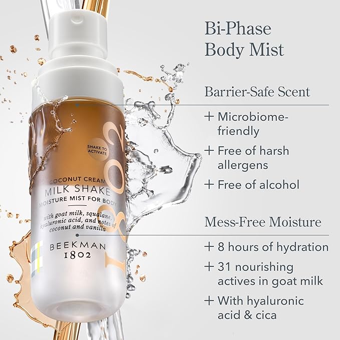 Beekman 1802 Coconut Cream Milk Shake - Body Mist - 2.0 fl. oz - With Hyaluronic Acid & Jojoba Oil - Instantly Moisturizes, Hydrates & Softens - Good for Sensitive Skin - Cruelty Free