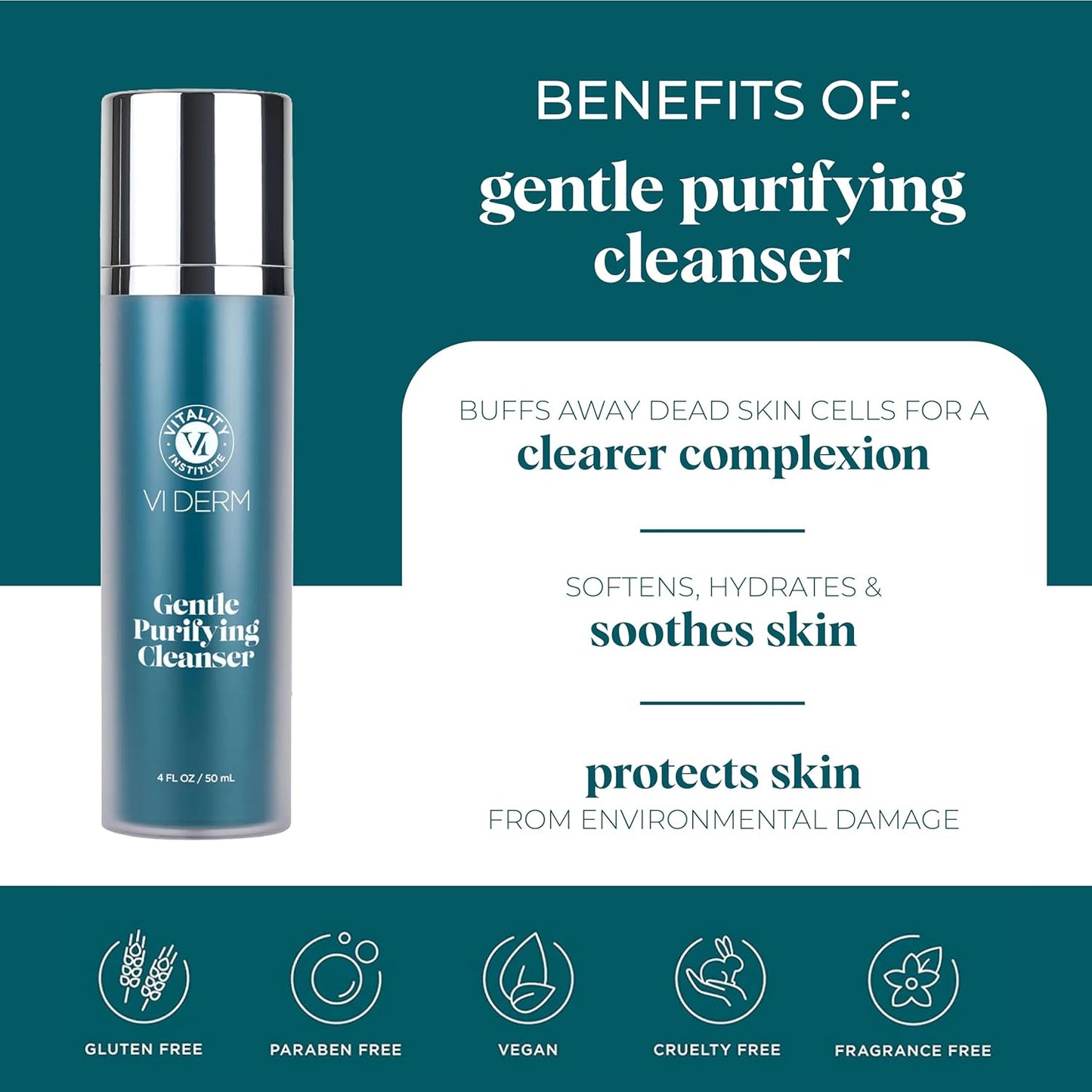 VI DERM Gentle Purifying Cleanser – Hydrating Water-Based Face Wash for Women & Men – Gentle Moisturizing Facial Cleanser with Aloe Vera, Vitamin E & Willow Bark Extract – Fragrance Free, 4 Fl Oz