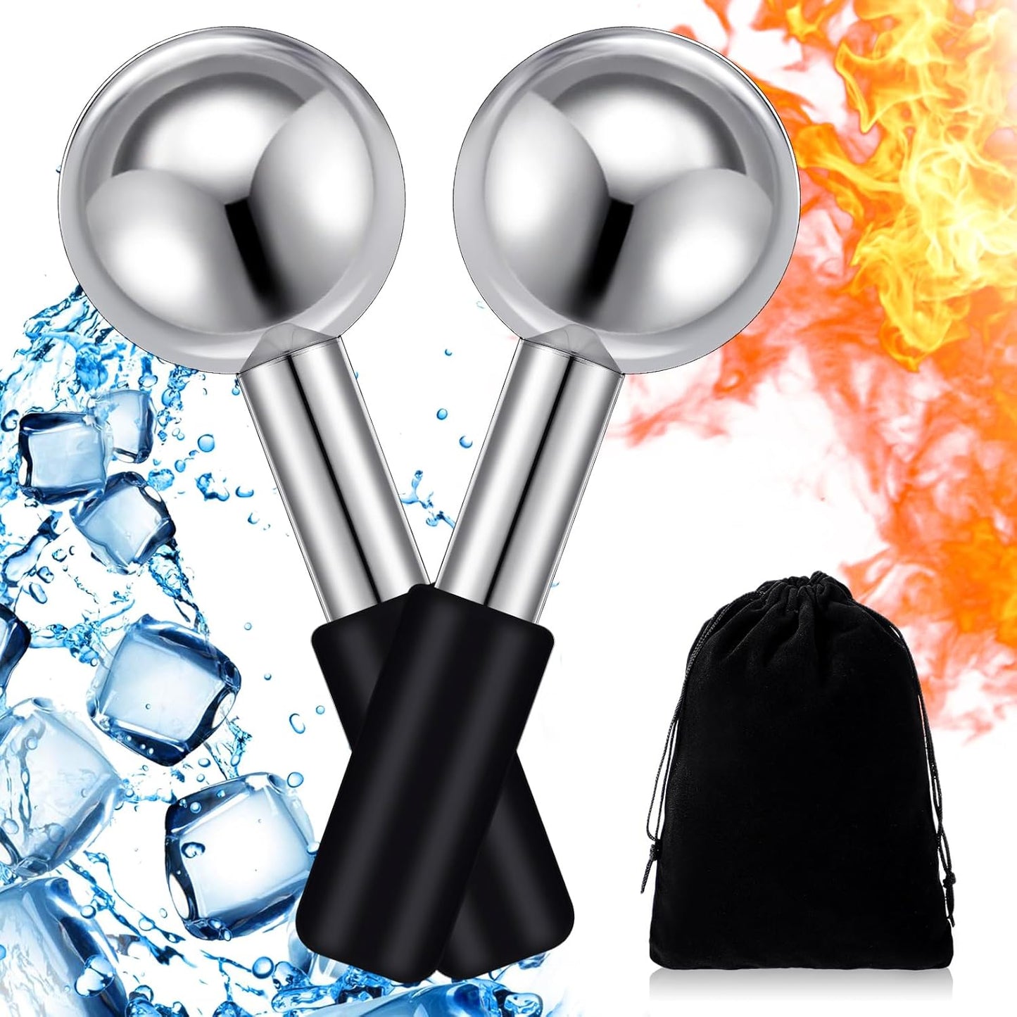 Baderke 2 Pcs Ice Globes for Face Stainless Steel Cooling Globes Unbreakable Cooling Roller Women Ice Balls Cryo Sticks Face Skin Care for Dark Circles, Puffiness(Silver (black Handle))