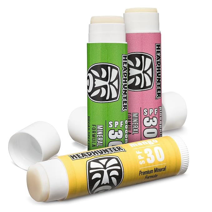 Headhunter Sport Chapstick Sunscreen SPF 30, Natural Mineral Waterproof Lip Balm For Sun Protection, Ultra Solar Defense - Reef Safe Sunblock Chap Stick, 3 Flavors - Coconut, Pineapple, Mango (6 Pack)