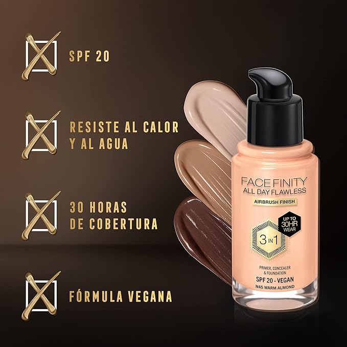 Max Factor Facefinity All Day Flawless 3 In 1 Foundation SPF 20, No. 45 Warm Almond