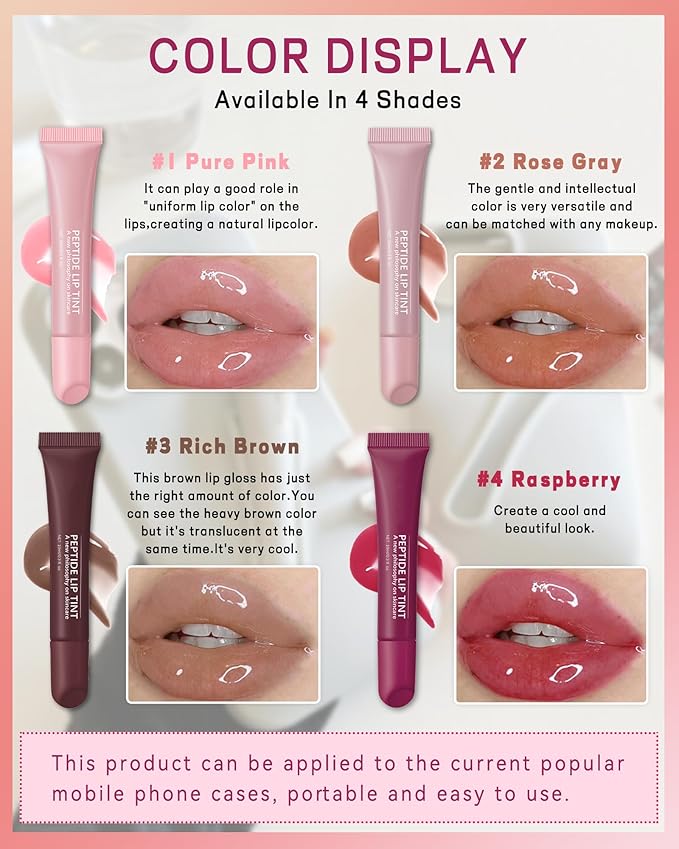 Tinted Lip Balm-2Pcs Pink Brown Peptide Hydrating Lip Tint Moisturizer,Jelly Glossier Lip Treatment Balm,Non-Stick Glow Reviver Lip Care Oil,Yummy Glowy Lip Gloss,Thanksgiving Makeup for Women-01+03