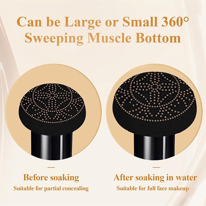 Air Cushion CC Cream Mushroom Head - Moisturizing & Oil Control Screw Lid Concealer Makeup Base, Primer Liquid Foundation Long Lasting with Mushroom Makeup Sponges for All Skin Types (Buff Beige)
