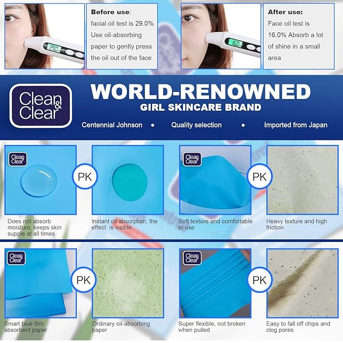 Oil Control Film, Oil Blotting Paper the Same Series with Clean & Clear Oil Absorbing Facial Sheets, 60 sheets Makeup Friendly High-performance Handy Face Blotting Paper for Oily Skin