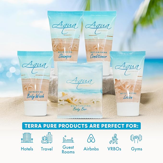 | Aqua Organics Hotel Soaps and Toiletries Bulk Set | Amenities for Hotels & Airbnb | 1oz Hotel Shampoo & Conditioner, Body Wash, Body Lotion & 1oz Bar Soap Travel Size | 5 Pieces
