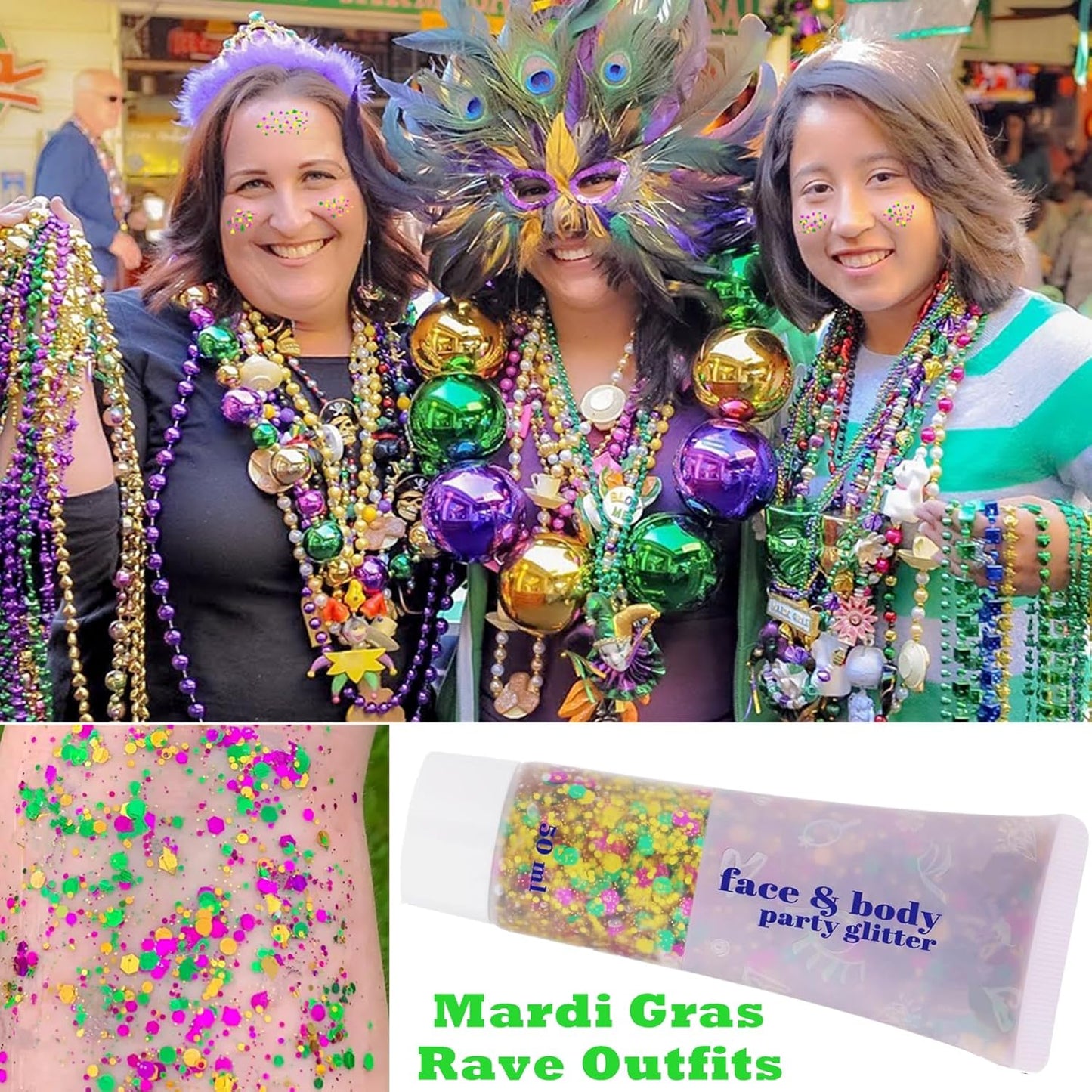 Go Ho Face Body Glitter Gel,Mardi Gras Outfit for Women and Kids,Sparkly Holographic Party Festival Rave Mardi Gras Accessories for Carnival,Gold Green Purple Chunky Glitter Makeup,52g