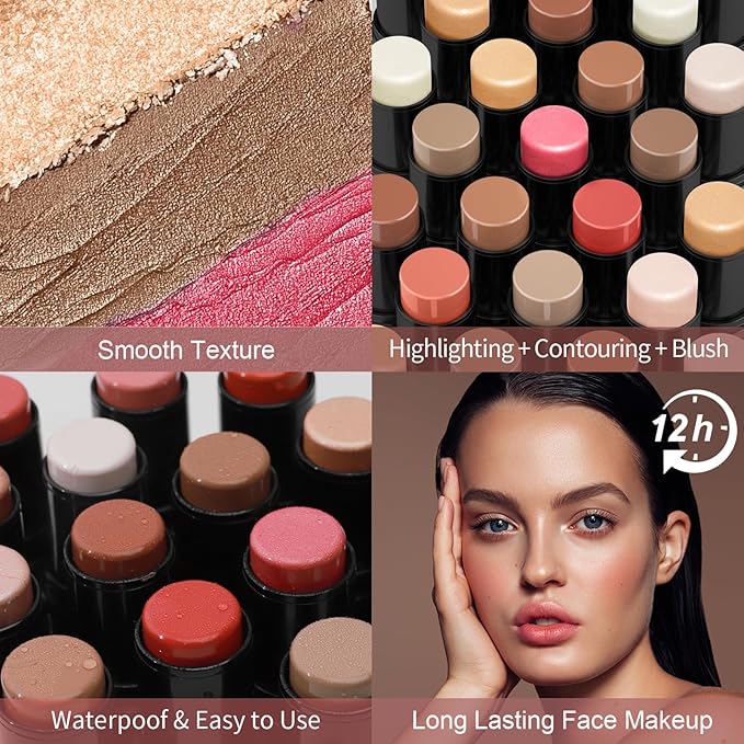 3 Pcs Face Contour Stick Kit, Matte Finish Face Stick Trio with Bronzer Blush Highlighter and Brush, Long Lasting Waterproof Cream Beauty Wand Makeup Set for Sculpt Glowing Face Look (#2, 7, 11)