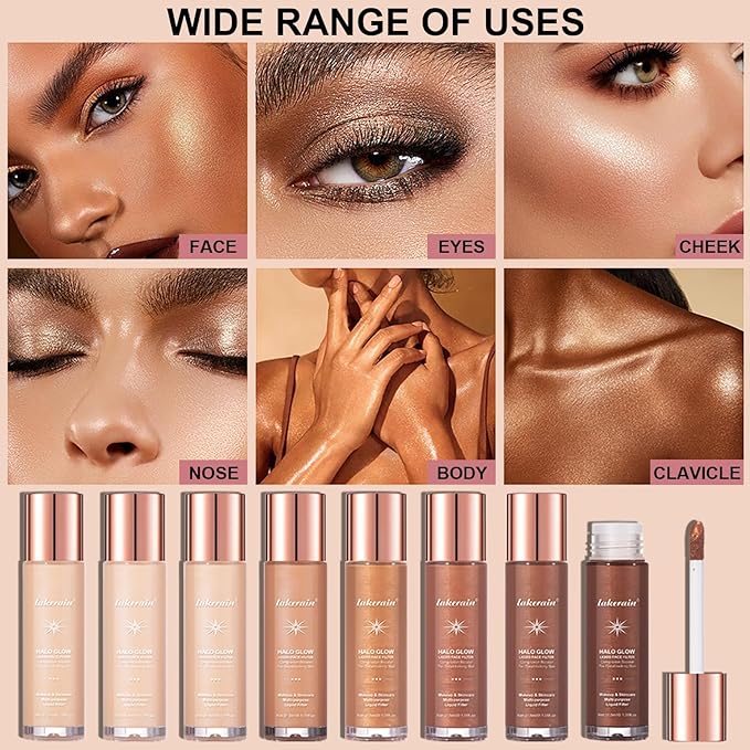 Natural Glow Liquid Filter Makeup, Longwear Face Luminizer, Complexion Booster For Any Part of the Body, Liquid Highlighter with Brush Kit, Infused Hyaluronic Acid, 1.06 fl oz (#07 DEEP/RICH)