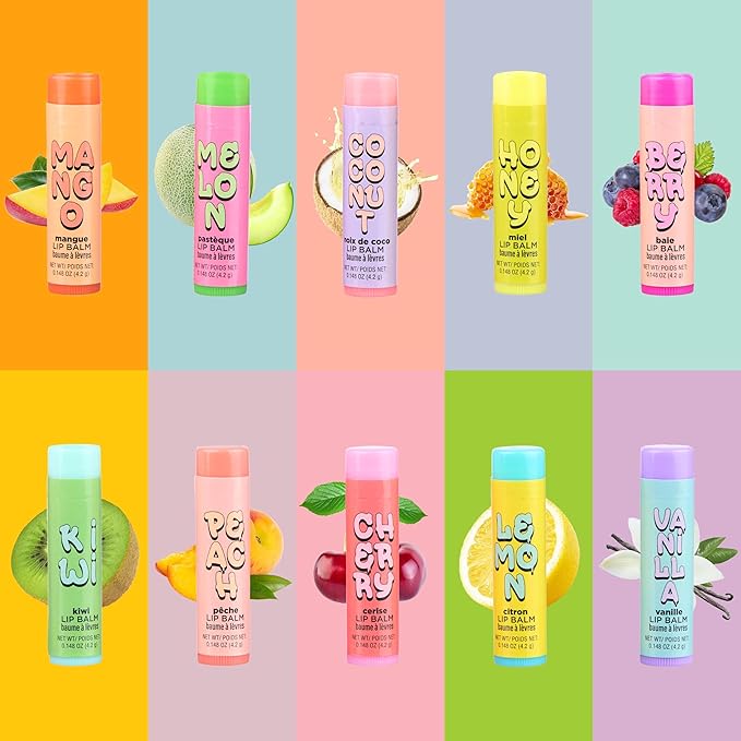Expressions 10pc Fruity Lip Balm Collection - Hydrating Lip Balms Infused w/Fresh Fruity Flavors - Vitamin Enriched Nourishing Lip Balm Set