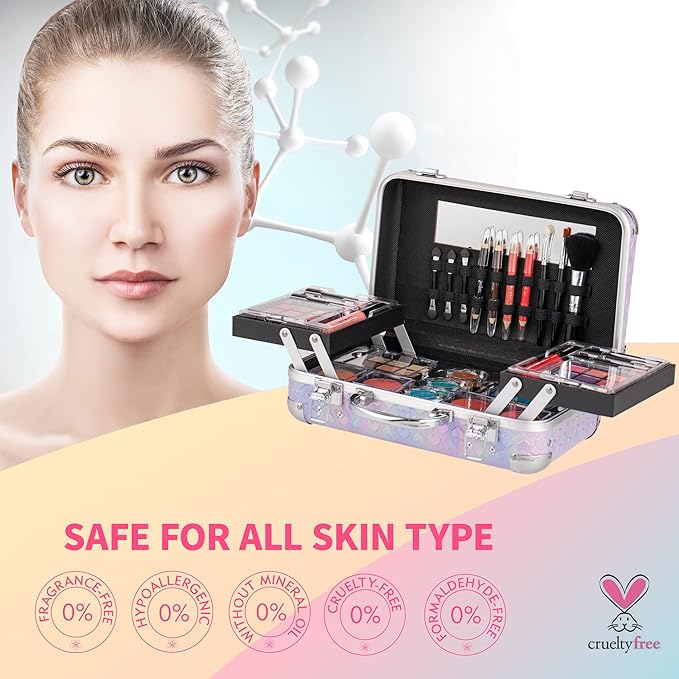 Hot Sugar All In One Makeup Set for Teenager Girls 10-12 Full Makeup Kit for Beginners Includes Eye Shadow Palette Blush Lip Gloss Lipstick Eye Pencil Brush Mirror (Purple Heart)