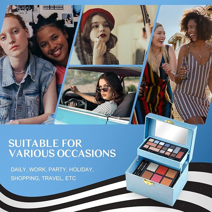 Color Nymph Beginner Makeup Kit For Teens, Girls Makeup kits With Recyclable And Key-Lockable Cabinet Included 17-Colors Eyeshadows Blushes Bronzer Highlighter Lipstick Brushes Mirror(Blue)