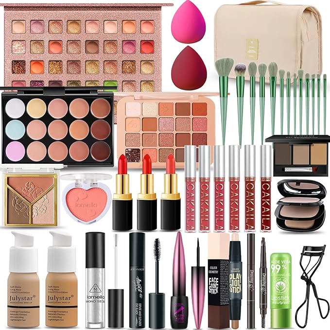 All in One Makeup Kit for Women Full Kit, Professional Travel Makeup Kit for Women & Teens, Foundation Eyeshadow Lipstick Brow Pencil Eyeliner Contour Powder, Complete Make Up Gift Set for Beginners