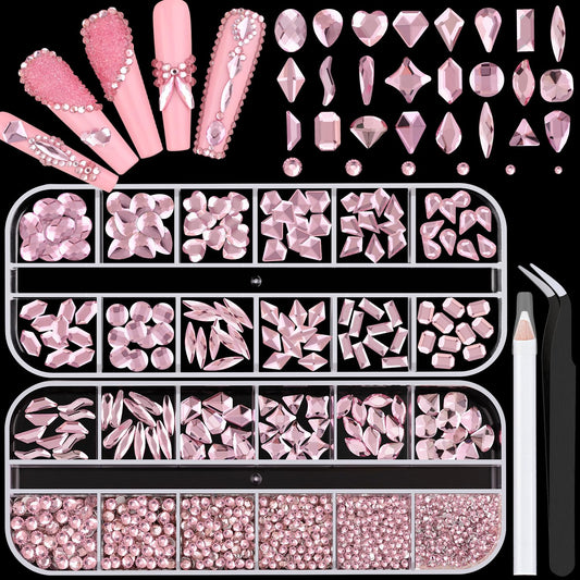 1680Pcs Pink Glass Nail Rhinestones 180Pcs Multi Shapes Flatback Nail Gems + 1500Pcs 1.5-4mm Round Crystal, Manicure Nail Charms Diamond Gemstones for Acrylic Nails Decoration
