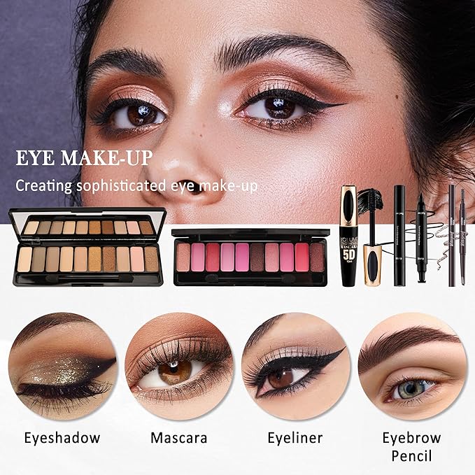 All In One Multipurpose Makeup Kit for Women,Travel Makeup Sets,Makeup Gift Full Kit,Includes Foundation Eyeshadow Palette Lipstick Mascara Eyeliner Blusher Cosmetic Brush Set with Makeup Bag-Set A