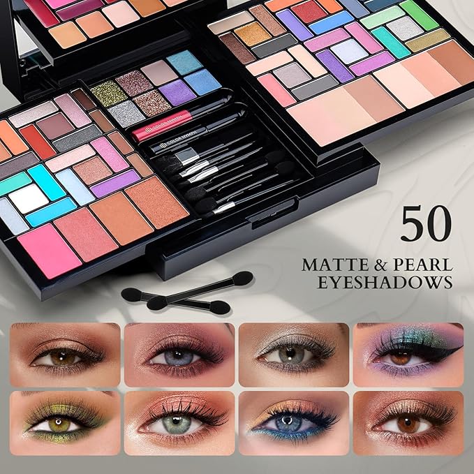 Color Nymph Makeup Kit For Women With Mirror, Full Makeup Gift Set 95 Colors Includes 50 Matte & Pearl Eyeshadow Palettes And Lipgloss Face Powder Bronzes Blushes Applicators