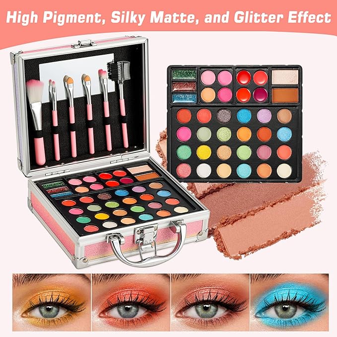 Anpro All-In-One Makeup Carry Case with Pro Teen Makeup Set, Full Starter Cosmetics Kit with Makeup Brushes, Eye Shadows Palette, Blushes, Glitter Gel, Temporary Tattoo Stickers - Colorful