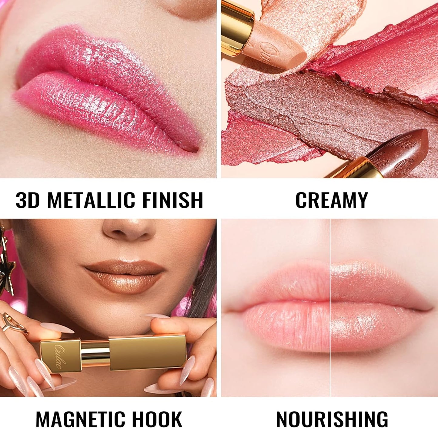Oulac Pink Lipstick for Women with Metallic 3D Shine Lightweight Hydrating Formula, High Impact Lip Color, Vegan Beauty, Full Coverage Lip Makeup, Christmas Gifts for Women, Hip & Hippie(11)