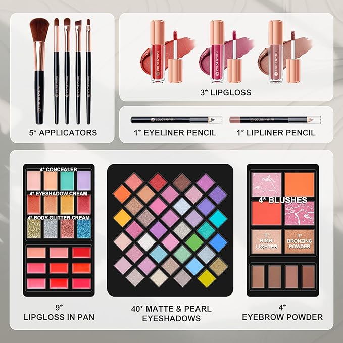 Makeup Kit for Women,All in One Makeup Gift Set for Girls in Cosmetic Train Case (White) With Mirror,Full Cosmetic Kit Includes Eyeshadow Palette,Lipgloss,Blushes,Pencil,Brush Applicators