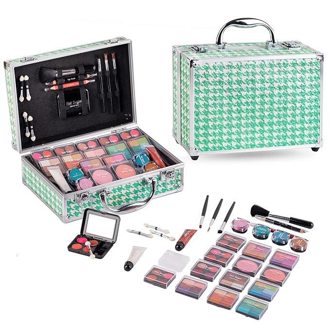 Hot Sugar Teen Makeup Kit for Girls 10-13 Full Starter Cosmetics Set with Eye Shadow Lip Balm Blush Lip Gloss Brush Lip Pencil Eye Pencil and Mirror (GREEN HOUNDSTOOTH)