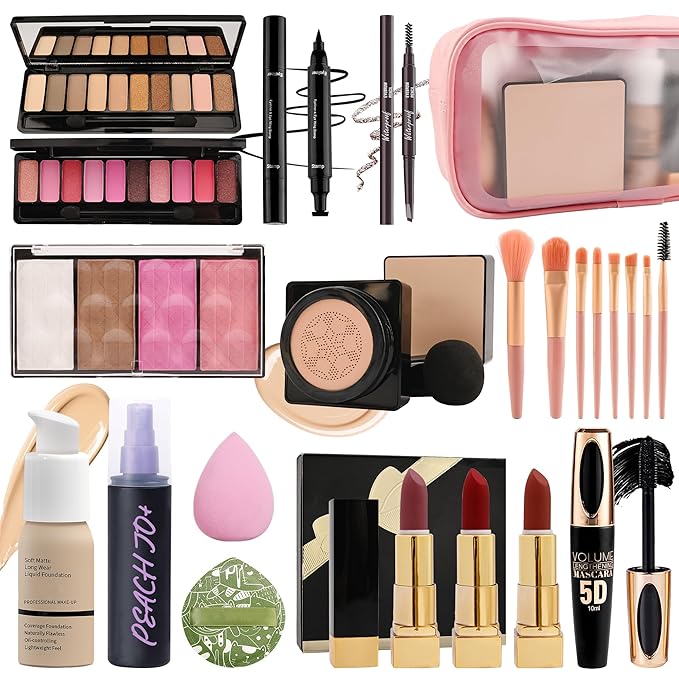 All In One Multipurpose Makeup Kit for Women,Travel Makeup Set,Makeup Gift Full Kit,Includes Foundation Eyeshadow Palette Lipstick Mascara Eyeliner Blusher Cosmetic Brush Set with Makeup Bag-Set B