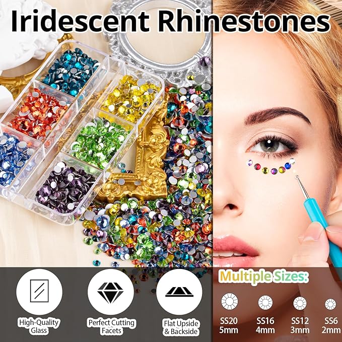 Colorful Face Gems for Makeup Set, Flatback Gorgeous Clear Glass Gem, Mixed-Colored Crystals with Makeup Glue+Picker Pencil+Tweezer+Dual-End Dotting Tool for Eye Body Hair Make-up and Nail Art Deco