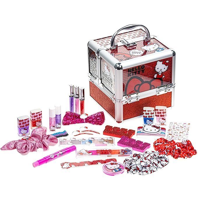 Hello Kitty - Townley Girl Train Case Cosmetic Makeup Set Includes Lip Gloss, Eye Shimmer, Nail Polish, Hair Accessories & More! For Girls, Ages 3+ Perfect for Parties & Makeovers