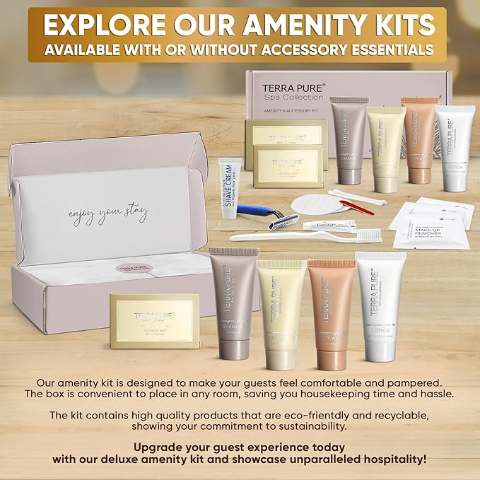 Terra Pure Spa Collection Amenity Kit | Hotel Toiletries | Bulk Set 0.85 oz Travel Size Shampoo,Conditioner, Lotion, Body Wash & Massage Bar for Guest Hospitality AirBnB/Vacation Rentals |1 set/ case