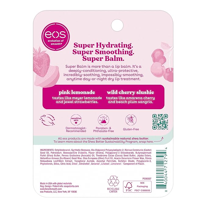 eos 24H Moisture Super Balm- Pink Lemonade & Wild Cherry Slushie, Lip Mask, Day or Night Lip Treatment, Made for Sensitive Skin, 0.35 fl oz, 2-Pack