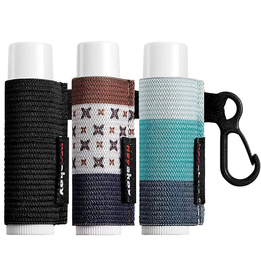 3PCS Lip Balm Holder Sleeves Chapstick Holder Keychain Lip Gloss Holder Keychain Elastic Sleeves (Black/light blue strip/dark blue strip)