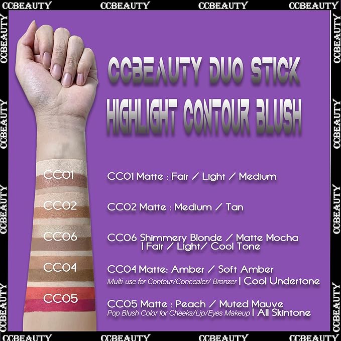 CCbeauty 2-IN-1 Contour Stick Makeup,Cream Shimmer Highlighter Bronzer Stick, Highlighting Contouring Kit, Highlight Concealer Sticks for Face Shaping Make up, Long Lasting & Waterproof