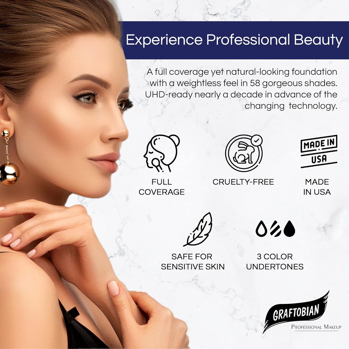 Graftobian HD Glamour Crème Foundation 1/2oz, Weightless Full Coverage Makeup, 65 Inclusive Shades, For All Skin Types, Natural or Full-Glam Looks, For Professionals and Beginners, Porcelain