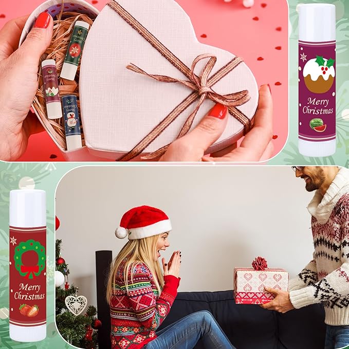 48 Pcs Christmas 12 Days Holiday Lip Balm Gift Set Lip Care Assorted Flavors Ingredients Lip Balm for Dry Chapped Lip Women Men Children Coworker 12 Assorted Flavors Christmas Party