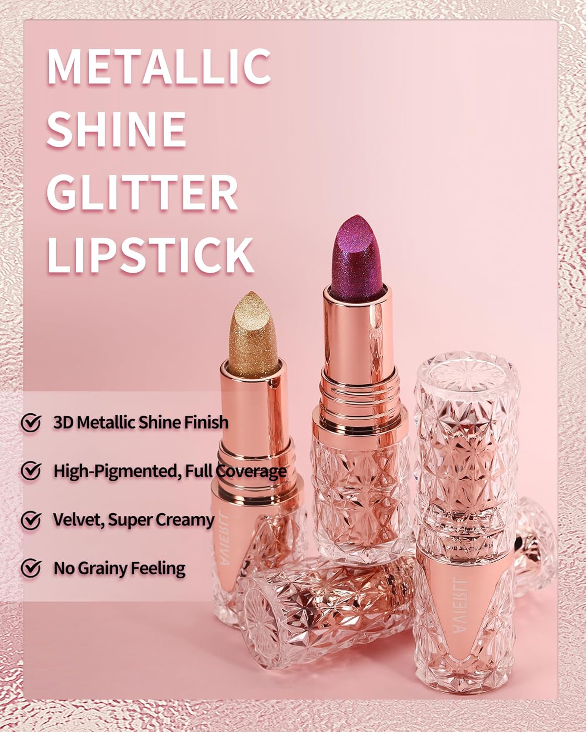 Glitter Metallic Shimmer Coral Pink Lipstick Long Lasting,Diamond High Pigmented Red Metallic Matte Liquid Lipstick Non-Stick Lip Gloss,Transferproof Lip Color Lip Stick Makeup for Women-02