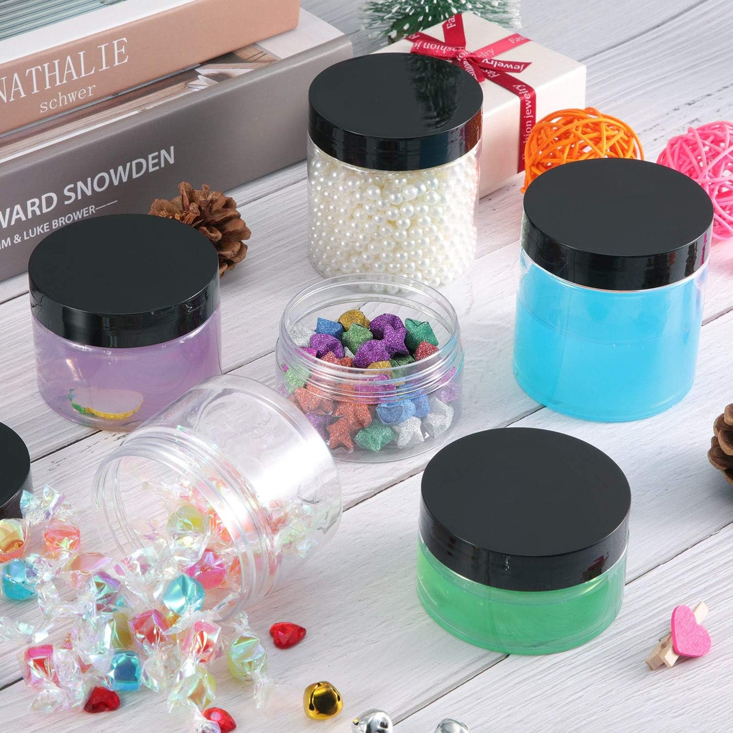 SATINIOR 24 Pieces Empty Clear Plastic Jars with Lids Round Storage Containers Wide-Mouth for Beauty Product Cosmetic Cream Lotion Liquid Butter Craft and Food (Black Lid, 6 oz)