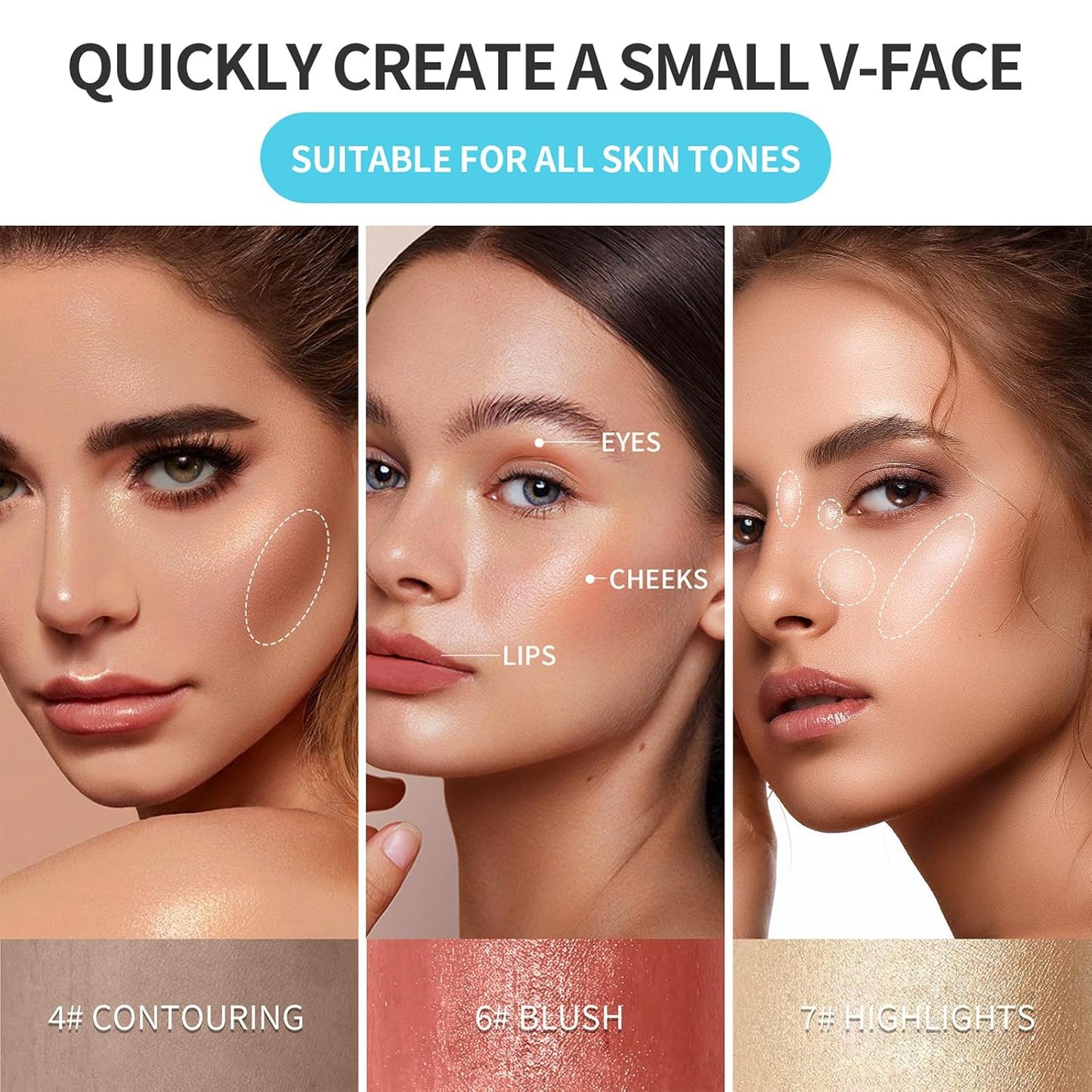 3 Pcs Contour Highlighter Stick Cream Blush for Cheeks Eyes Lips Lightweight Dewy Finish Bronzer Waterproof Long Lasting Contour Stick Trio Wand Face Makeup Set（Send brushes）