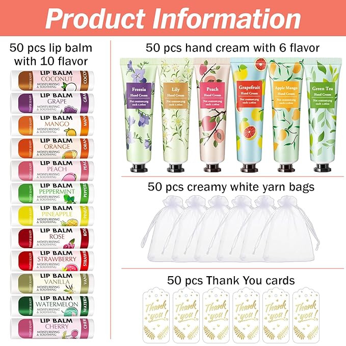 AZEN 50 Sets Hand Cream Bulk and Lip Balm Bulk Set, Bridal Shower Gifts for Guests, Thank You Gifts for Coworkers Women Men with Organza Bag Thank You Card, Bridal Wedding Favors for Guests