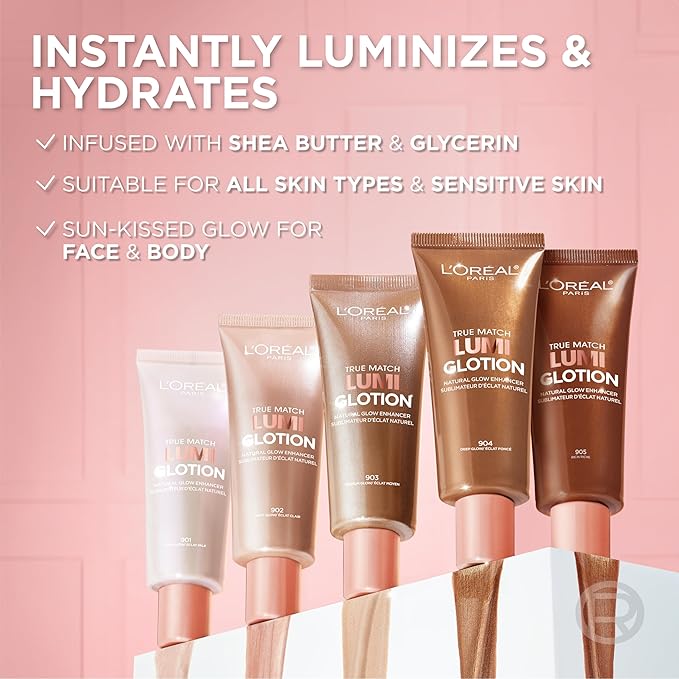 L'Oreal Paris Revitalift 1.5% Pure Hyaluronic Acid Face Serum 1.0 oz + True Match Lumi Glotion Natural Glow Enhancer Lotion, Medium 1.35 fl. oz, 1 kit