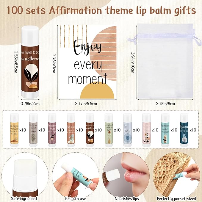 Mental Health Awareness Gifts Lip Balm Bulk Inspirational Lip Balm with Positive Daily Affirmation Cards Self Care Gifts Gifts for Women Men Stress Relief Family Reunion Favor(100 Sets)