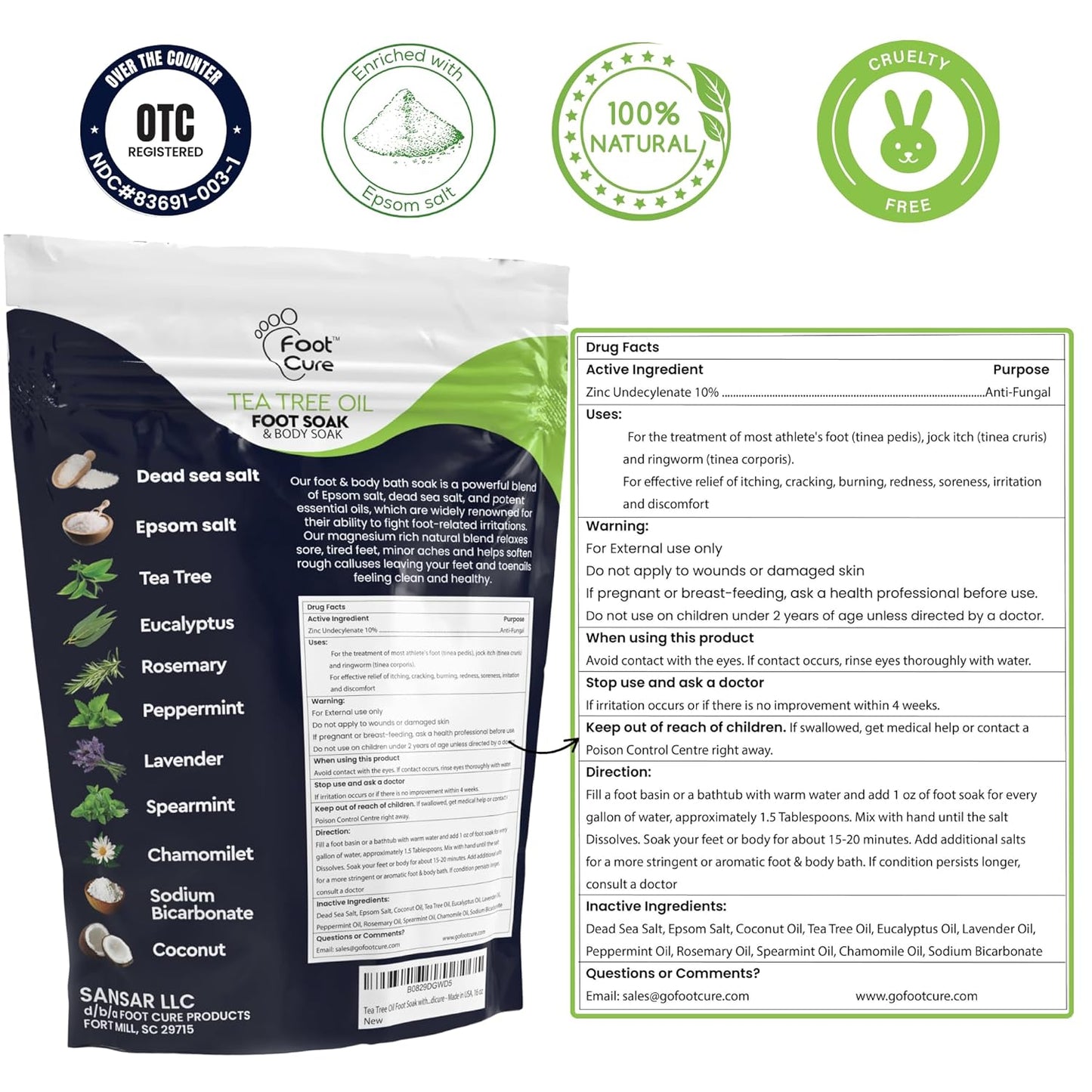 Tea Tree Oil & Muscle Foot Soak with Epsom Salts - All-Natural Salts for Post-Workout Recovery - Softens Calluses, Soothes Sore & Tired Feet, Foot Odor Control, Spa Pedicure, Made in USA, Pack of 2
