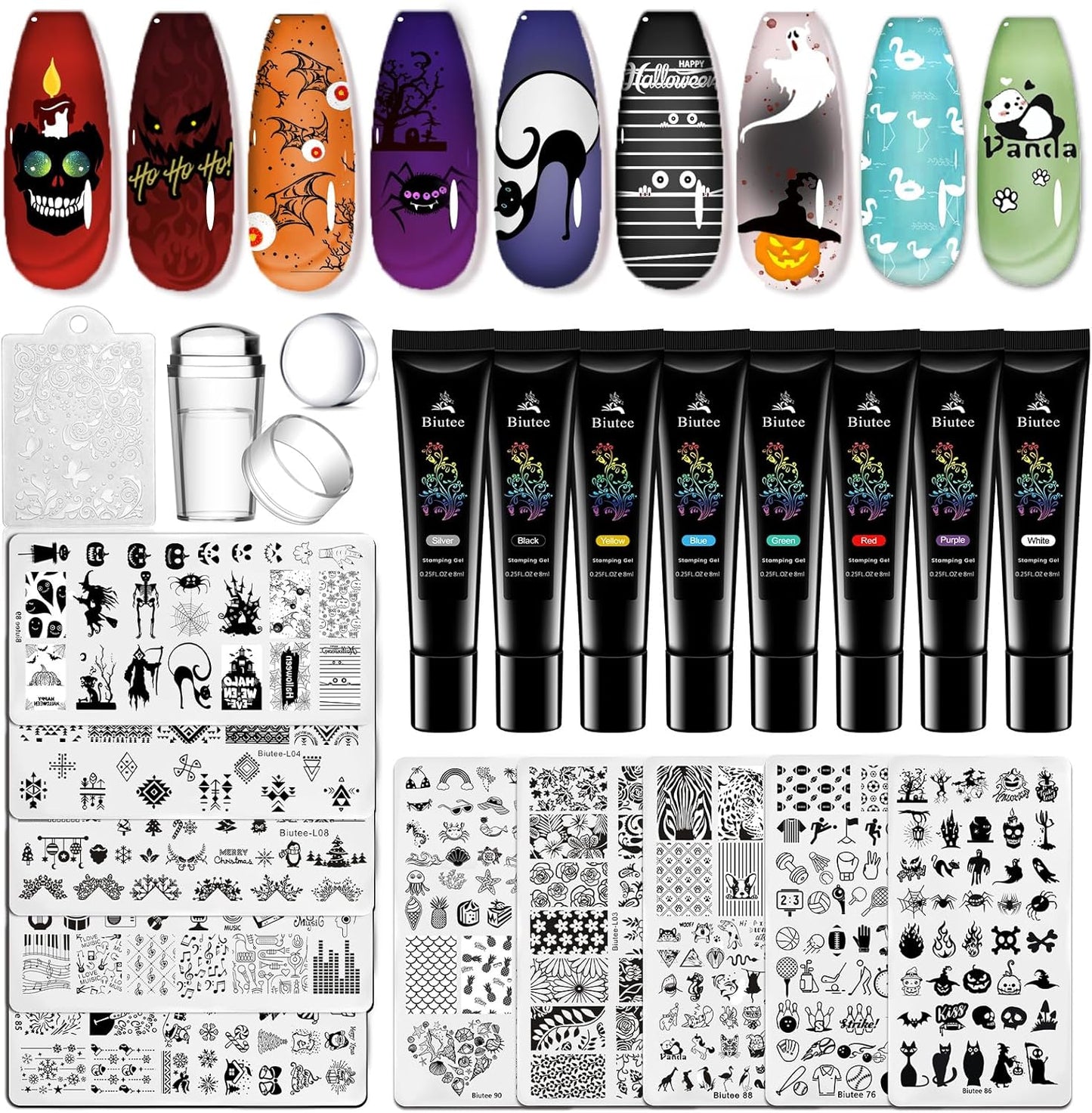 Biutee Nail Stamping Plates 8PCS Nail Stamping Polish Gel and Nail Stamper Kit 10 PCS Nail Art Stamper Plates, French Flower Leaves Animal Lace Halloween Design (10 PCS Plates With 8 PCS Gel)