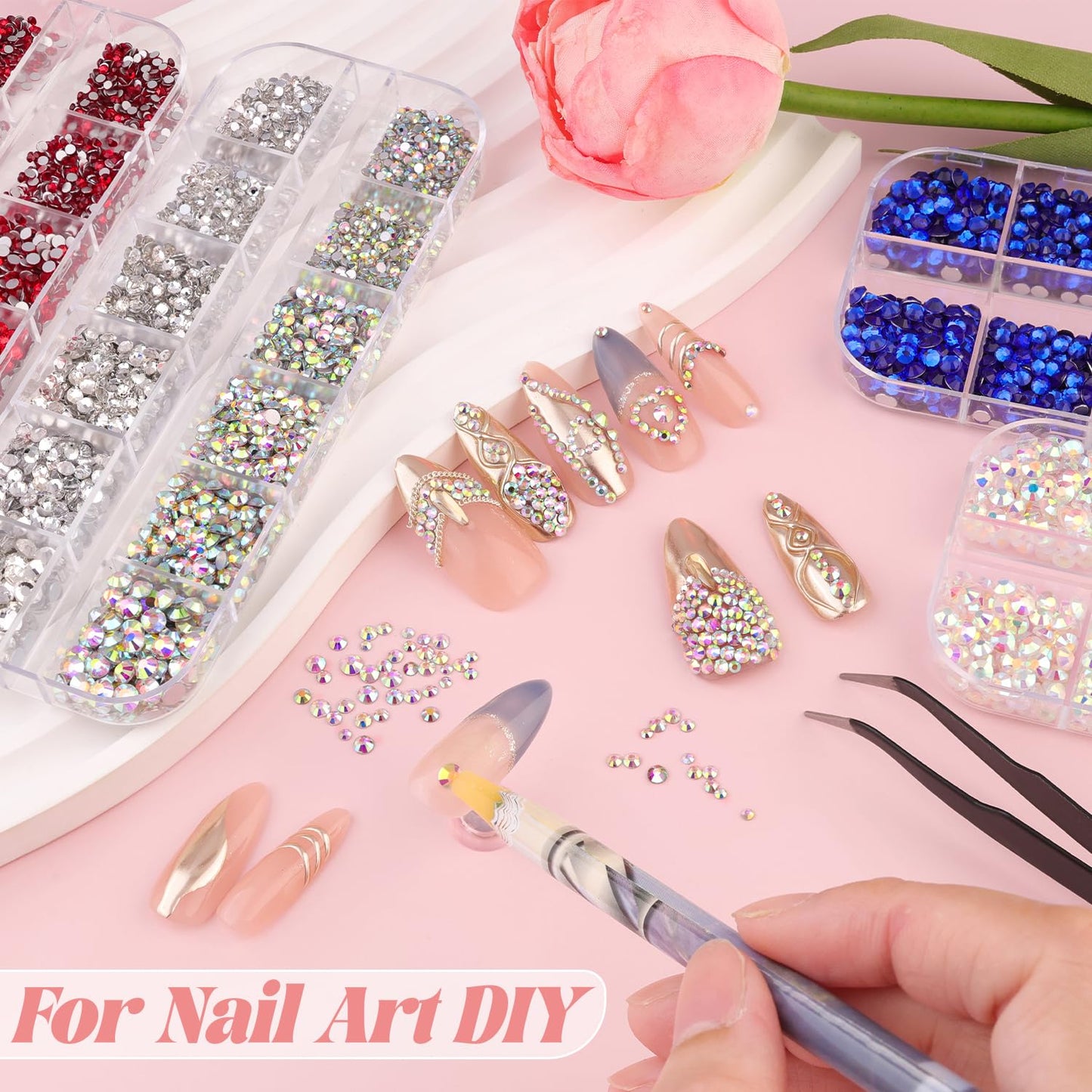 3600pcs Glass Transparent White Nail Rhinestones 6 Sizes(1.8/2/2.4/2.8/3/4mm) Flatback Crystal Nail Charms Jewels Decoration for Nail Art and Crafting, Tweezer and Pickup Pen included