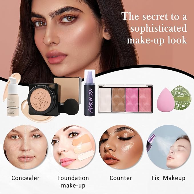 All In One Multipurpose Makeup Kit for Women,Travel Makeup Set,Makeup Gift Full Kit,Includes Foundation Eyeshadow Palette Lipstick Mascara Eyeliner Blusher Cosmetic Brush Set with Makeup Bag-Set B