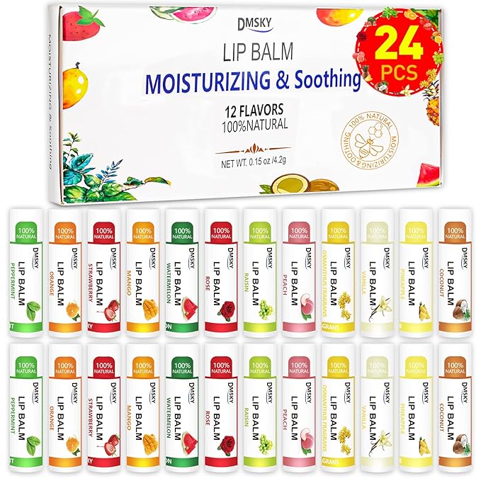 DMSKY 24 Pack Lip Balm, Natural Lip Balm Bulk with Vitamin E and Coconut Oil, Moisturizing Soothing Chapped Lips, Gifts for Women Stocking Stuffers Party Favors